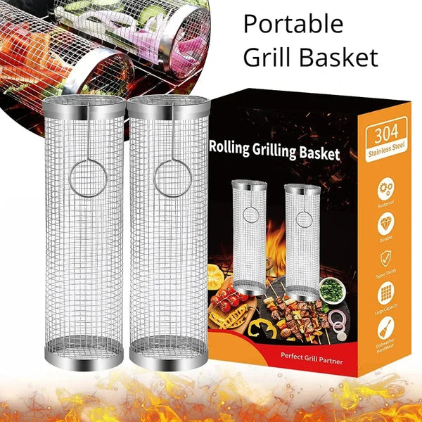 Cesta de grelha de aço inoxidável portátil gaiola de churrasco rolamento grelhar cesta útil churrasqueira cesta ao ar livre grill acessórios
