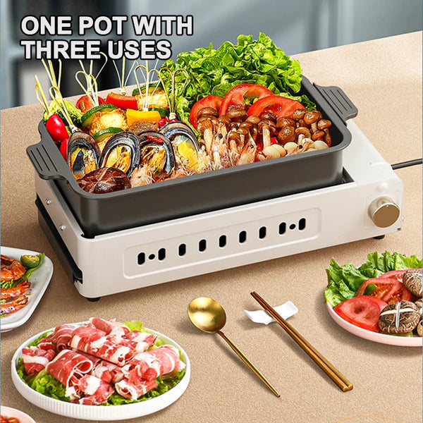 2200w multifuncional grill pan doméstico 220v máquina de churrasco elétrica sem fumaça panela quente dividida panela de cozinha 3-em-1